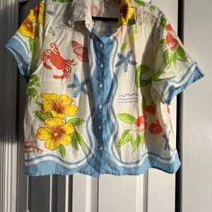 Calypso St. Barth Blue and Yellow Floral Blouse